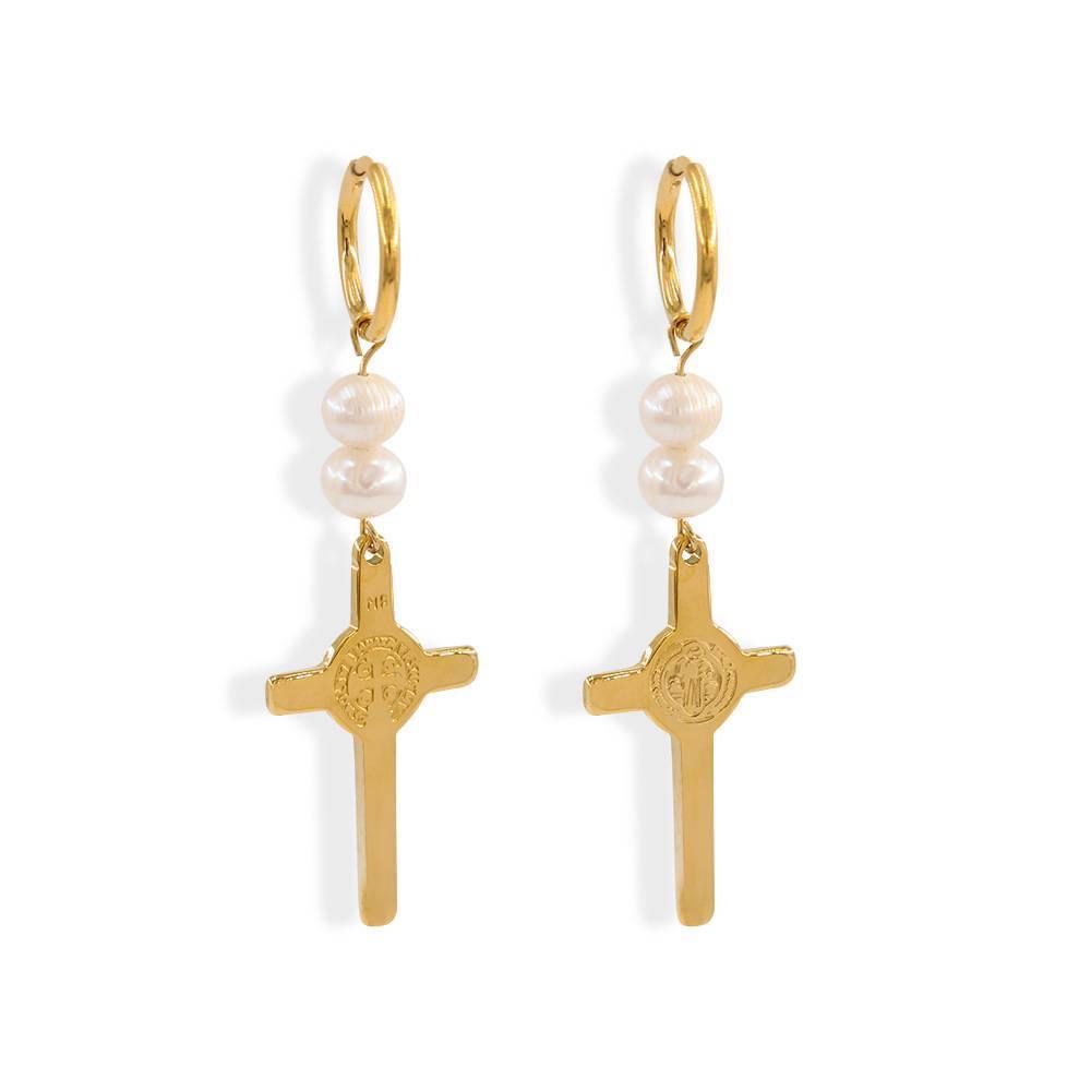 Women s Stainless Steel Cross Pearl Retro Long Earrings