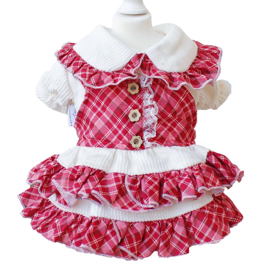 Pet Dog Cat Clothes Autumn Winter with Velvet Red Grid Suspender Fake Two-piece Skirt Four Legged Couple Outfit Puppy Clothes