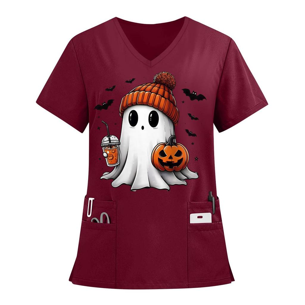 Damen V-Ausschnitt Halloween Bedruckt Kurzarm Taschen Seitenschlitz Schutzanzug Oberteil