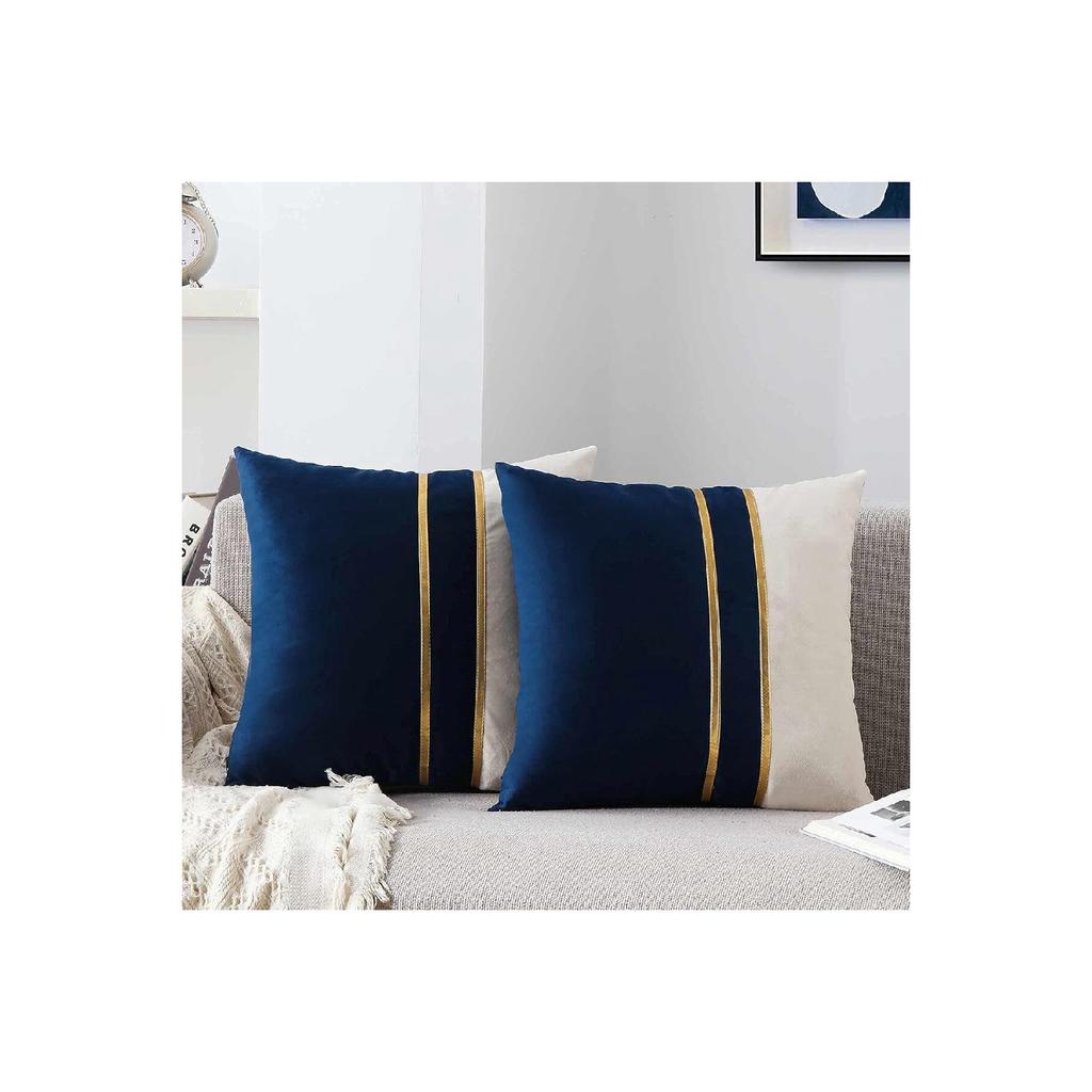 2 Pcs Velvet Look Decorative Throw Pillow Covers With Gold Leather Strips