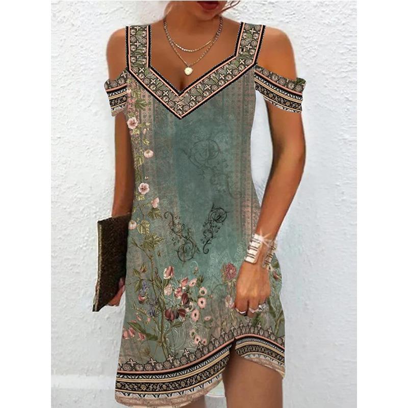 QICED Fashion Summer Spring V-Neck Short Sleeve  Casual Dresses