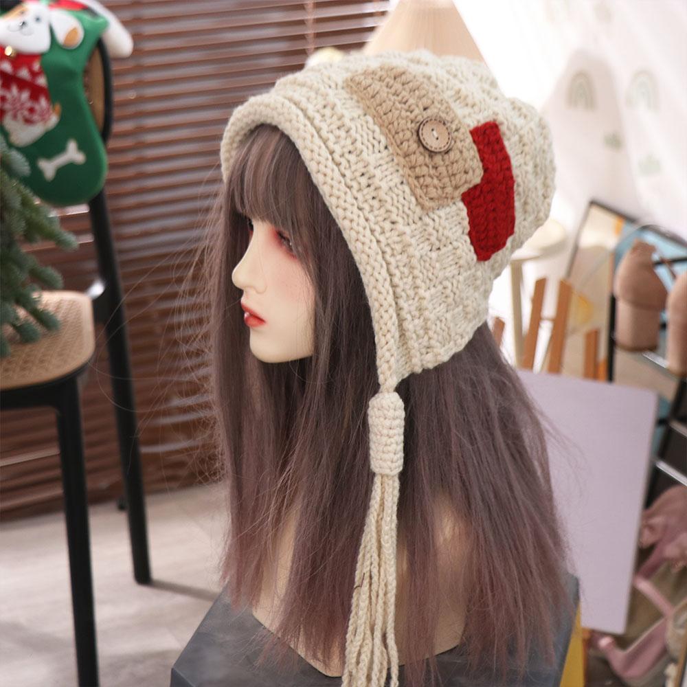 Harajuku Designed Knitted Hat with Long Tassels Button Ear Protection Hat Sweet Pullover Hat  Daily
