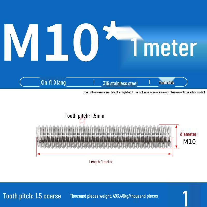 304 Stainless Steel Full Threaded Rod, 1 Meter, available in sizes M3, M6, M8, M10, M12.