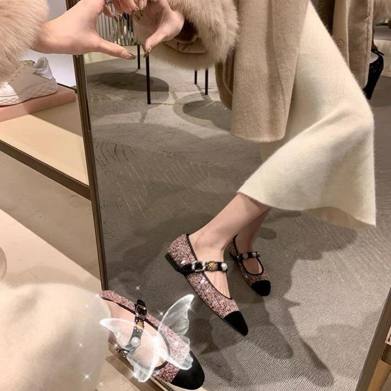 Fashion Spring New Flat Shoes Women's Fashion Round Head Splicing Sequin Cloth Metal Buckle Soft Sole Non-slip Shoes