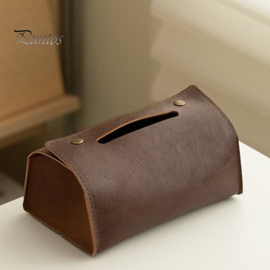 Desktop Tissue Dispenser PU Leather Box, Foldable Retro Style Holder, Office Desk Storage Bag Decorative Organizer, for Home Car Decor Space