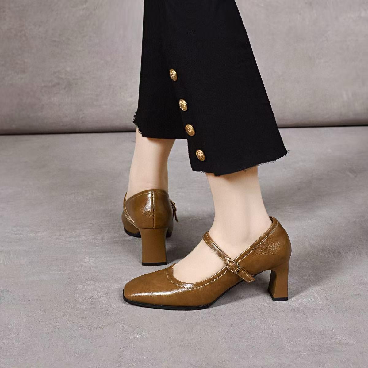 

Женские туфли на высоком каблуке, весенние новые туфли Мэри Джейн с квадратным носком, модные туфли с открытой щиколоткой и ремешком с одной пряжкой, туфли на толстом каблуке 40 хаки