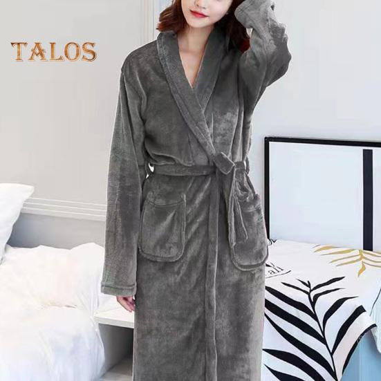 Men Women Plush Fleece Bath Robe Knee-Length Lapel Tie Design Water Absorbent Winter Loungewear Daily Wear Sleepwear