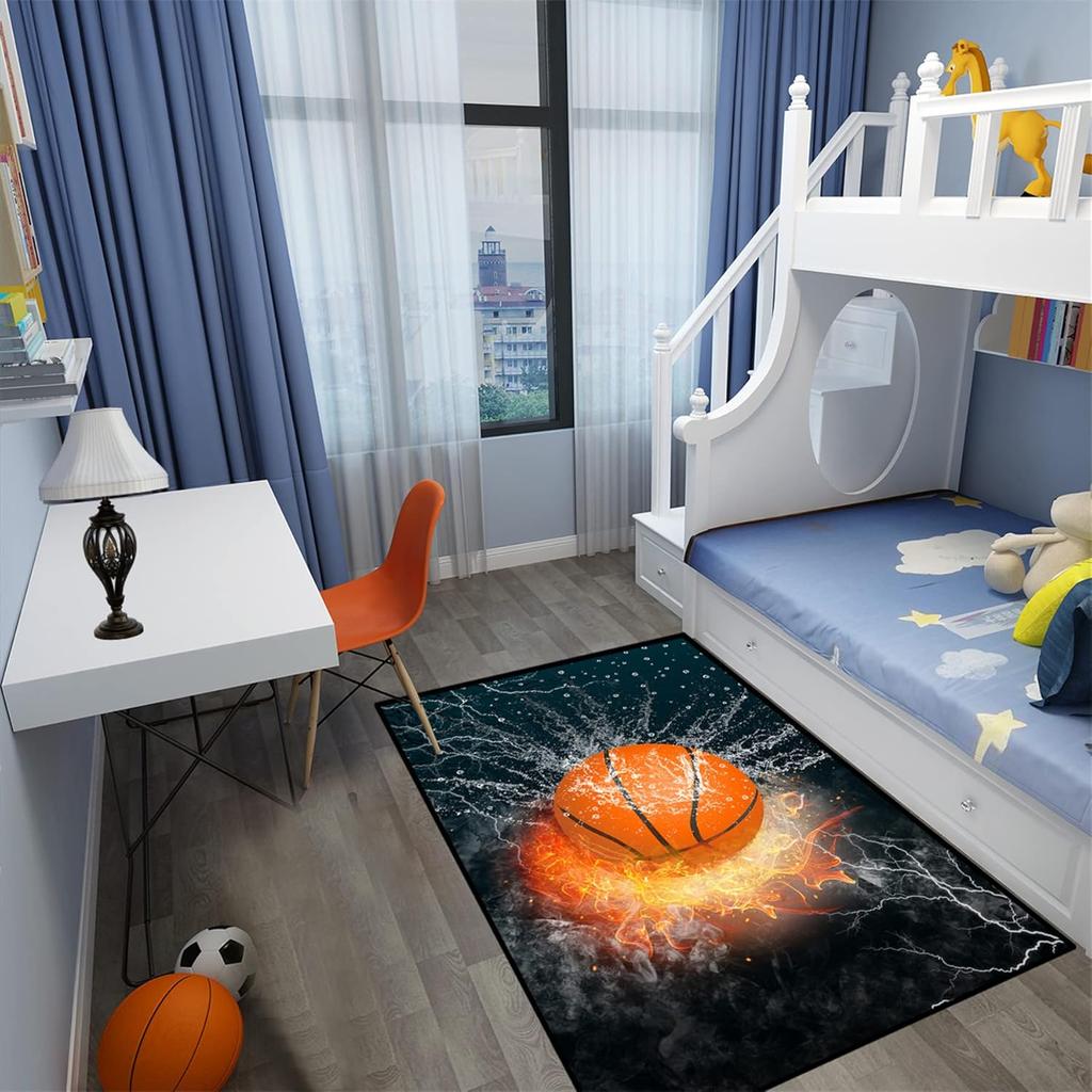 Black Basketball Sport Rug for Boys Bedroom and Playroom, Non-Slip Basketball Carpet, Living Room and Bedroom Decor