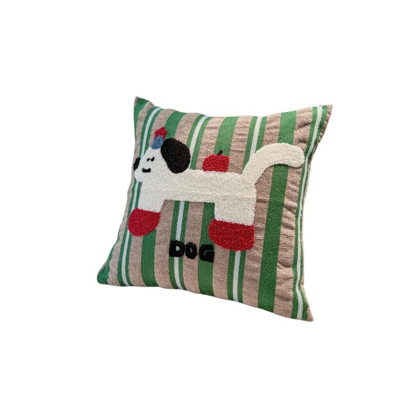 INS Style Green Stripe Pillow Cover Cute Cartoon Apple Dog Embroidery Soft Flock Cushion Cover For Living Room Home Decoration