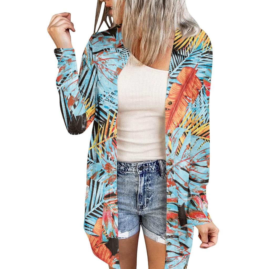 Women's Casual Fashion Floral Print Long Sleeve Mid-Length Cardigan Jacket
