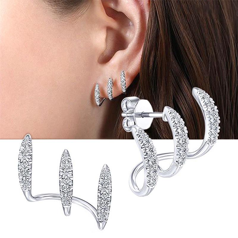 High-End Minimalist Triple Claw Zircon Stud Earrings - Curved Line Design for Women
