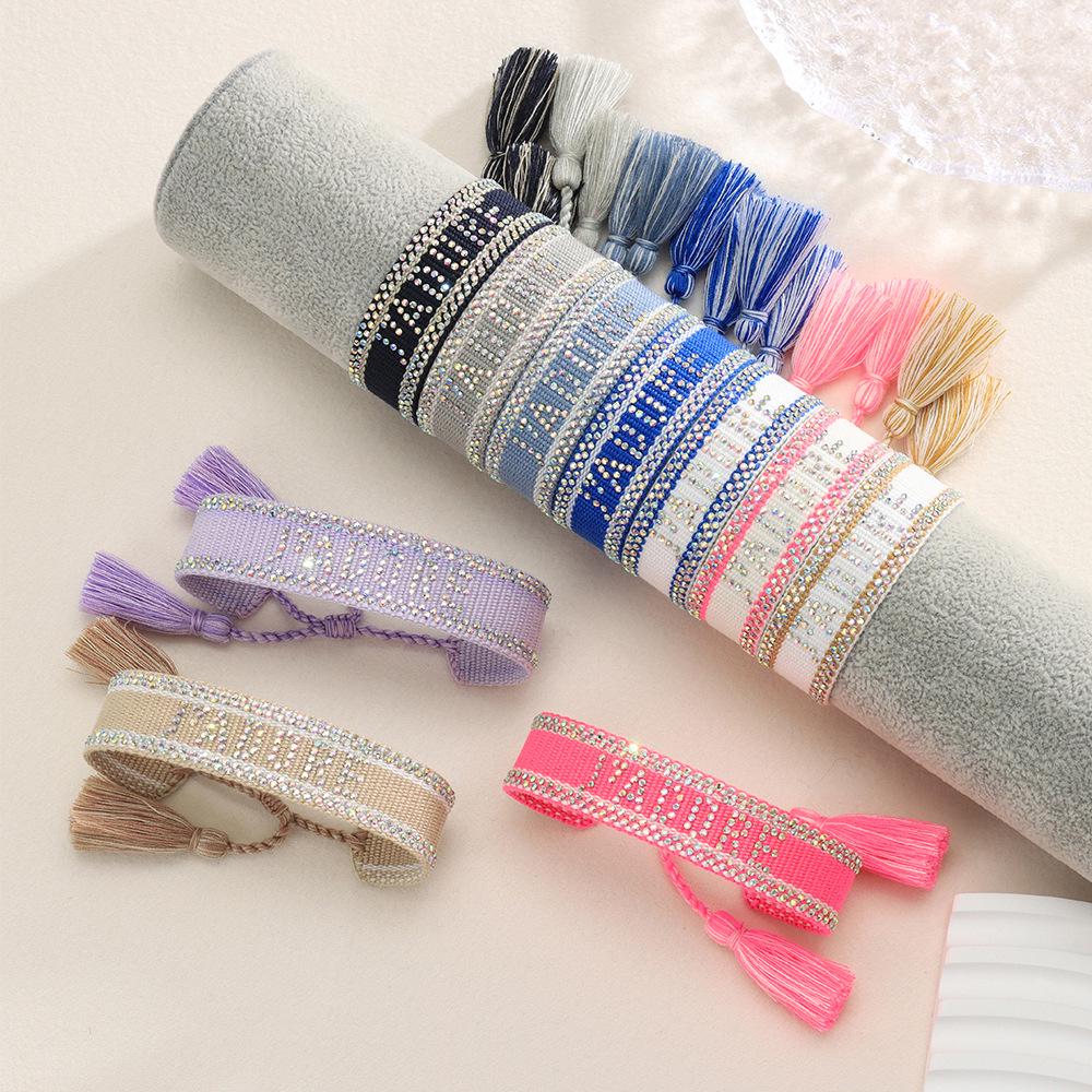 Seven-Color Full Diamond Woven Bracelet with 'JADORE' Letter, Handmade Tassel Chain, Crystal Design for Women