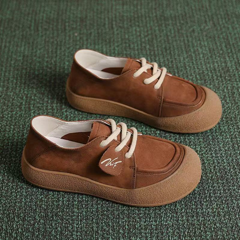 

The first layer of cowhide autumn handmade casual shoes retro round head lace-up soft leather soft sole flat heel single shoes women s shoes 40