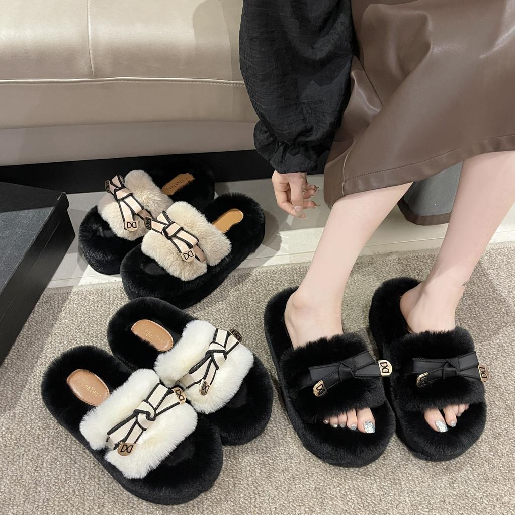 Super fire fluffy slippers women's outer wear 2025 spring and autumn new high-end thick bottom heightening one-word cotton slippers