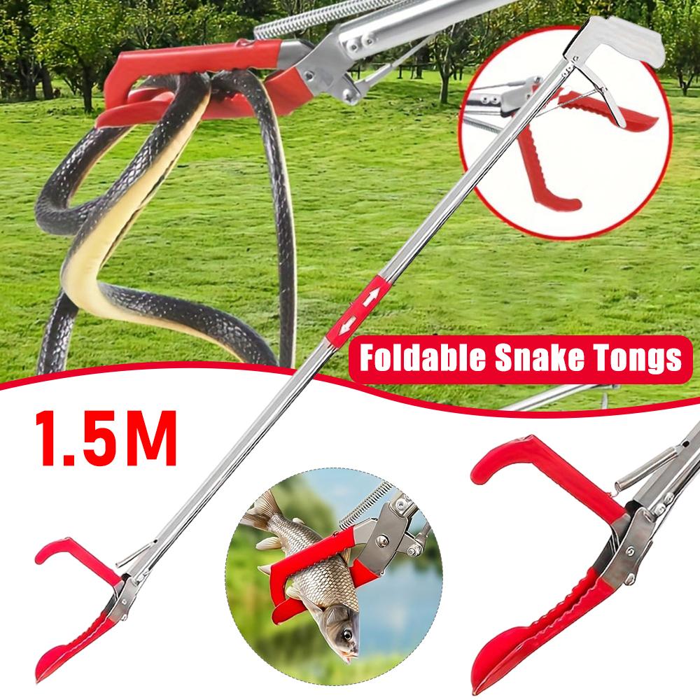 1.5M Foldable Snake Tongs Stainless Steel Snake Catcher Tongs Snake Hook Pliers Garbage Clip To Catch Loach Crab Rubbish Clip