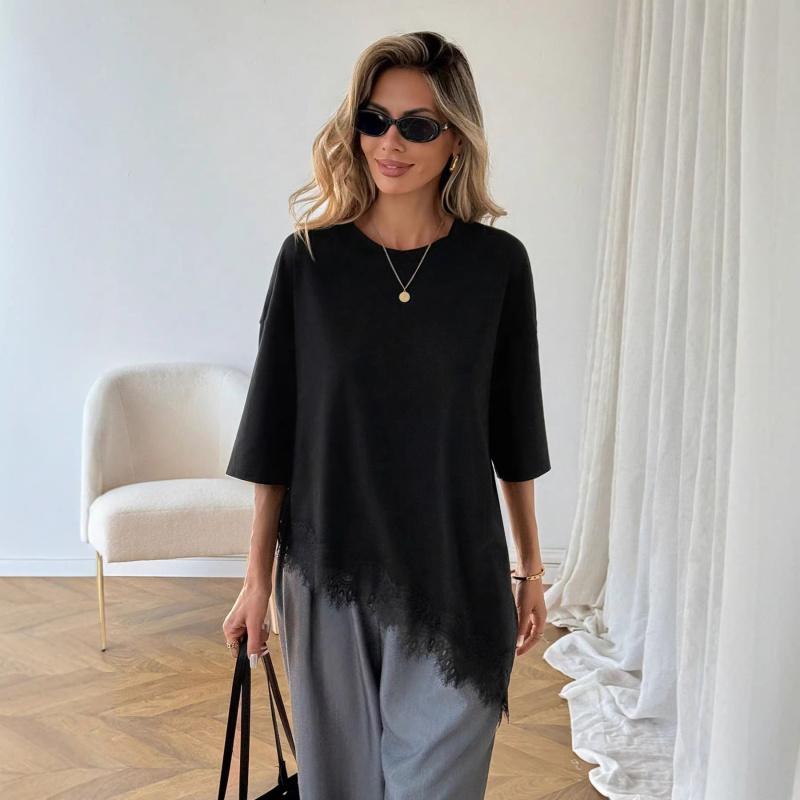 2026 Women's Short Sleeve Asymmetrical Lace Patchwork T-Shirt Loose Bat Sleeve Top