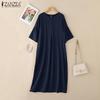 ZANZEA Women Casual Round Neck Solid Color Loose Half Sleeve Dress