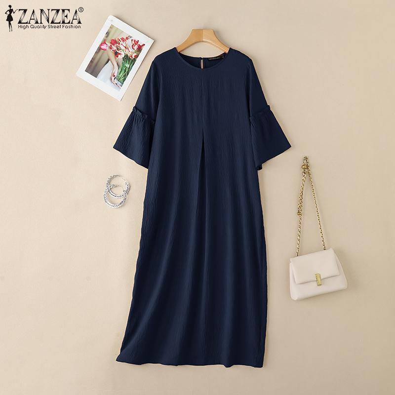 ZANZEA Women Casual Round Neck Solid Color Loose Half Sleeve Dress