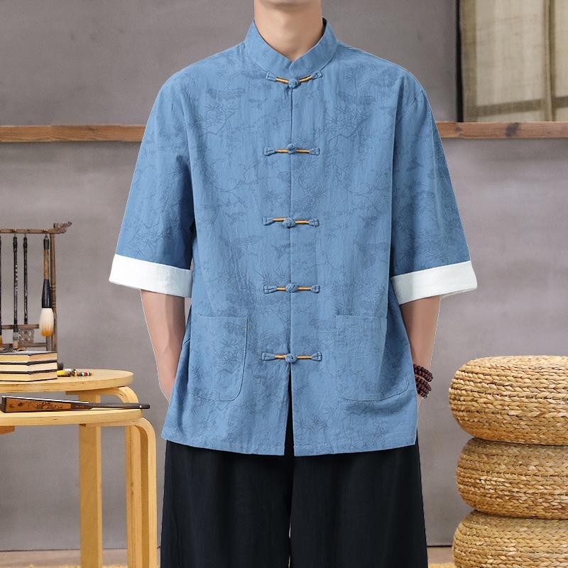 Men's Lightweight Mandarin Collar Printed Shirt Summer Chinese Style Cotton and Linen Casual Wear Top M-5XL