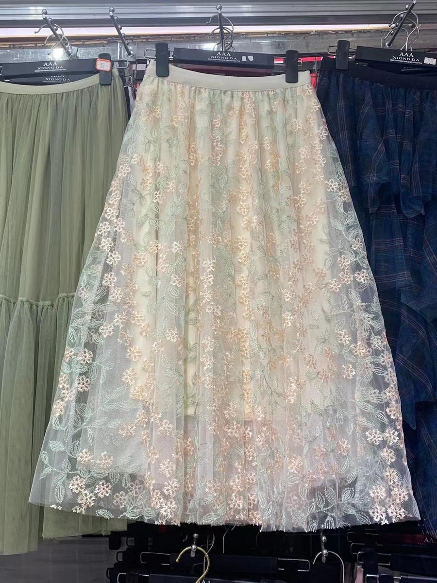 Vintage Embroidery Chiffon Maxi Skirt Women s High Waist A-Line Umbrella Skirt One Size абрикосовый