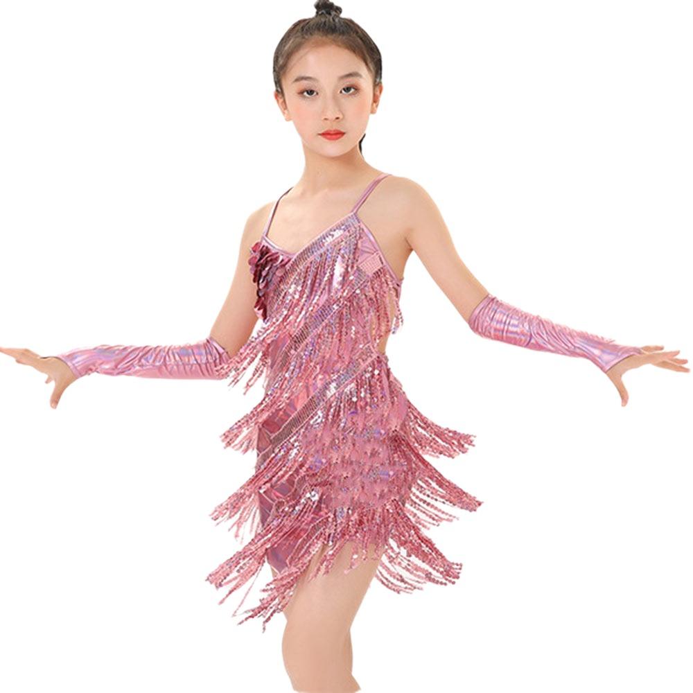 With Gloves Kids Latin Dance Dress Tassel Dance Performance Outfits  Children Girls