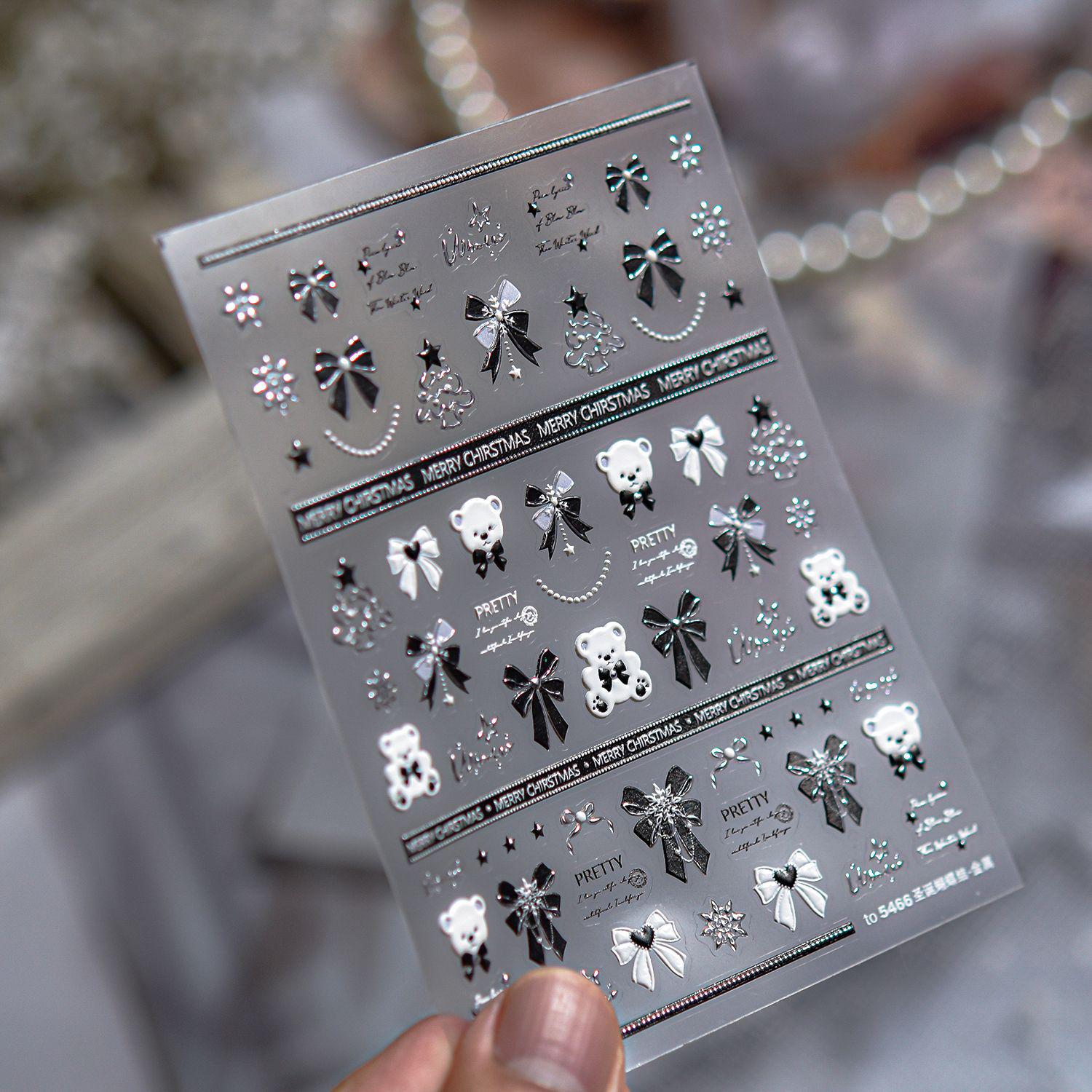 

Tomoni Dark Winter Style Hot Stamping Nail Stickers: Christmas Ball & Bear Ornaments