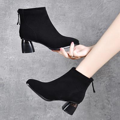 Damenstiefel Herbst und Winter neu schwarzes Schaffell schlichtes Temperament Mode Stiefel Reißverschluss hinten High Heel Stiefel Baumwollstiefel