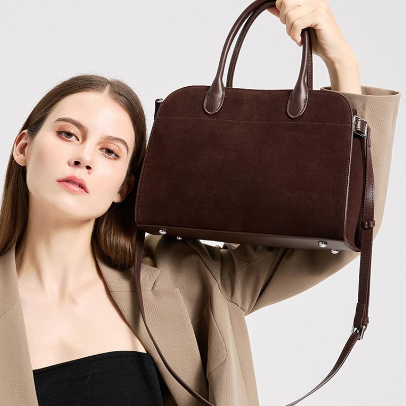 Luxury Bowling Briefcase Genuine Leather Bost Handbag Suede Crossbody Bag Noble Simple Commuting Bost Zipper Briefcase