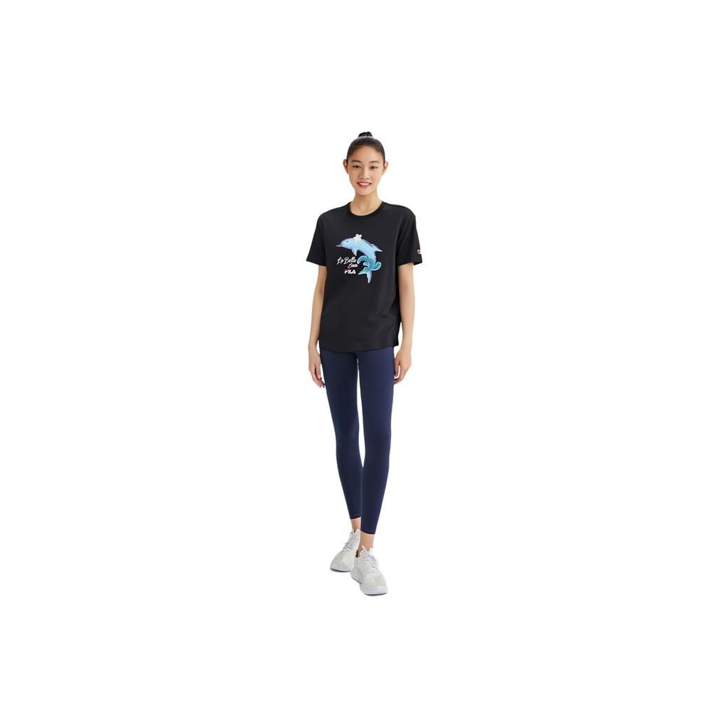 FILA Dolphin Print Casual Sport Short Sleeve T-Shirt Women Tops Black F51W128107F-BK