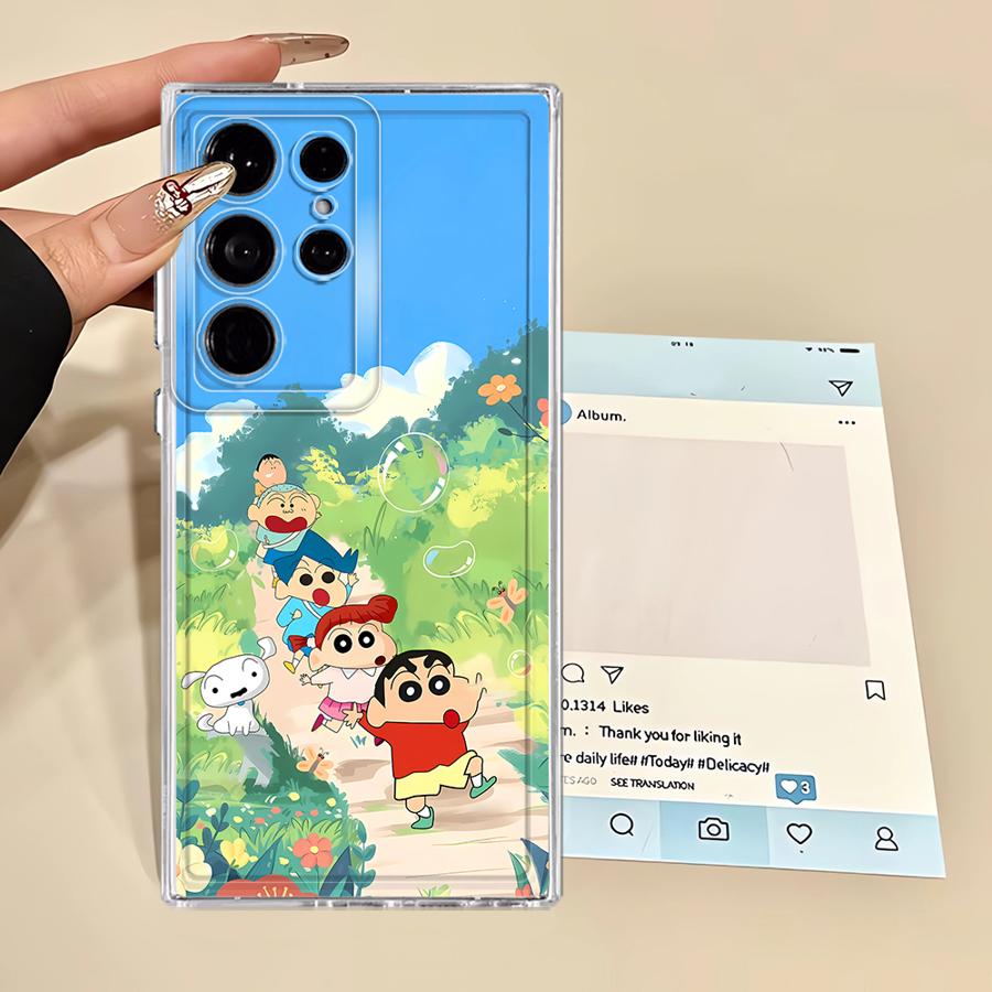 Roztomilý obal na telefon Shinchan s pastelkami pro Samsung Galaxy S25 Edge S24 S26 S22 FE Note 20 Ultra 10 S23 Ultra S20 Plus S21