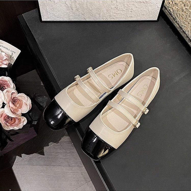 

Xiaoxiangfeng flat-bottomed Mary Jane women s shoes fairy wind square head splicing soft casual versatile one-word buckle light mouth single shoes 35 чёрный
