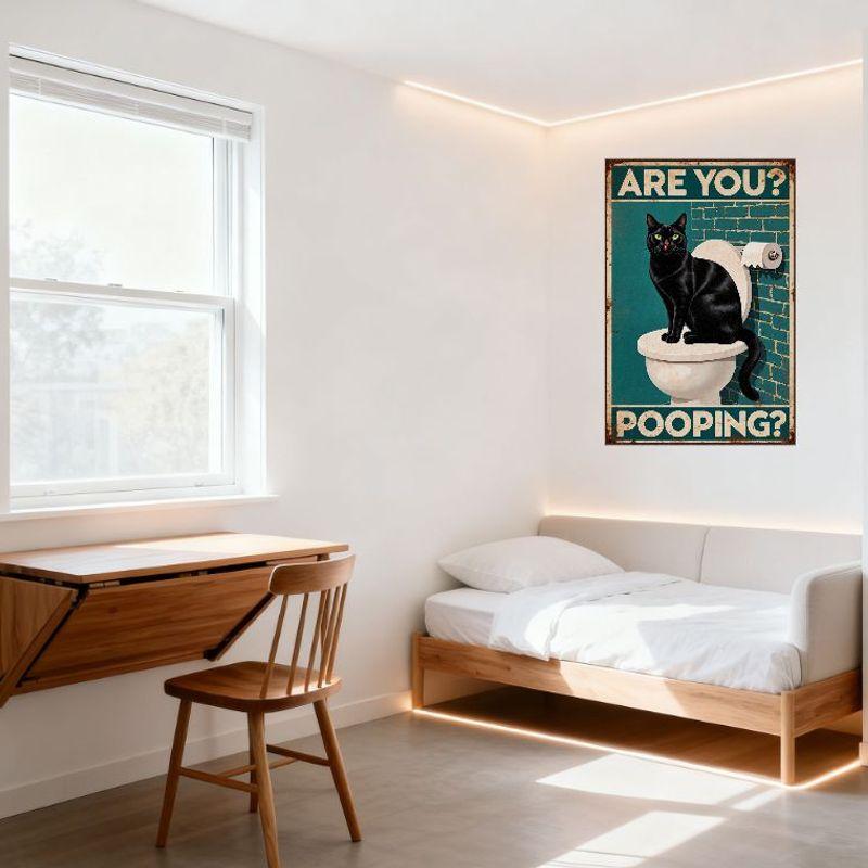 Vintage Style Metal Tin Sign, Black Cat On Toilet with Teal Brick Wall, 'ARE YOU?' 'POOPING?' Humorous Playful Decor for Home Ba