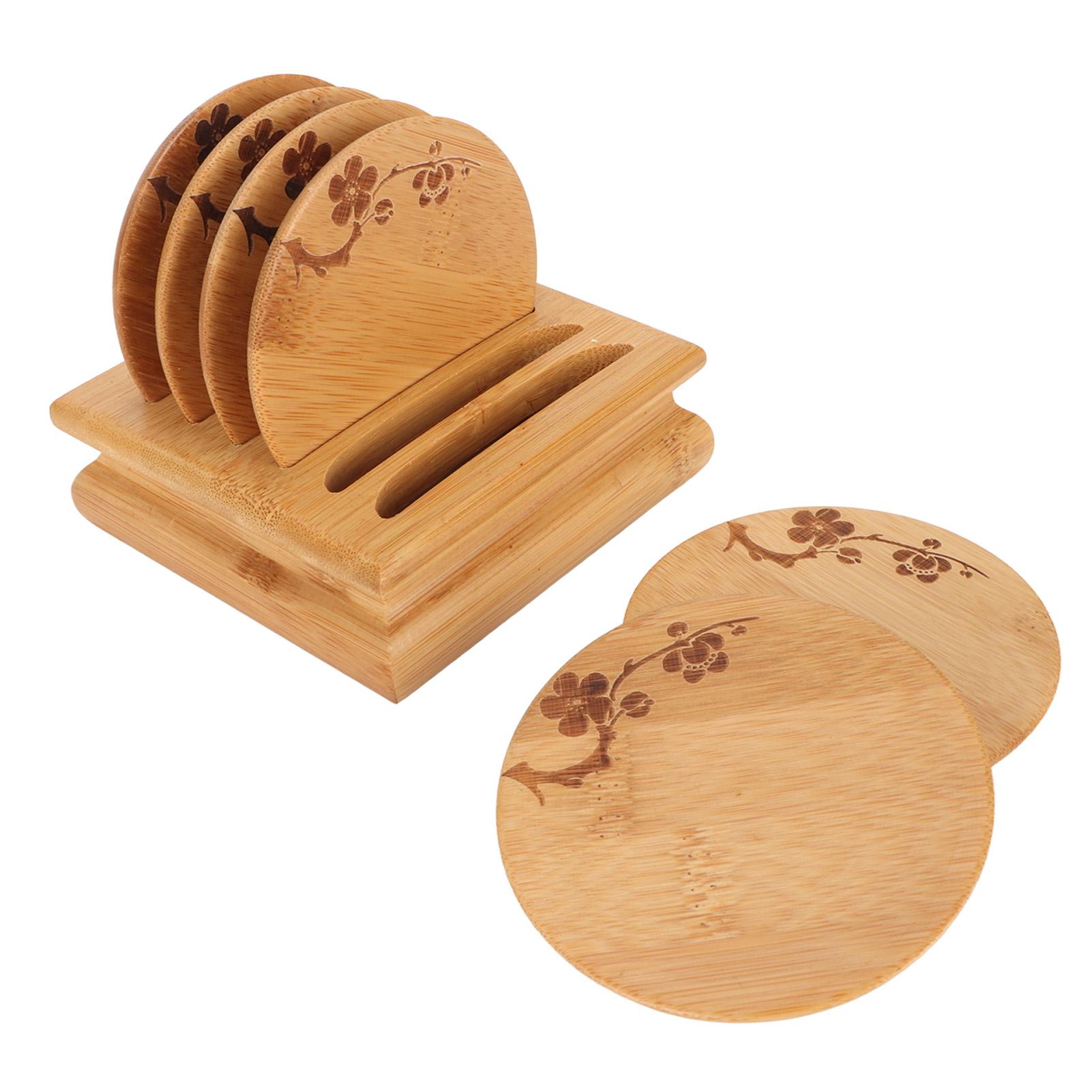 

Vintage Plum Coaster Set Home Drink Tea Cup Coasters Non Slip Heat Insulating Bamboo Cup Mat with Rack Common Bamboo L