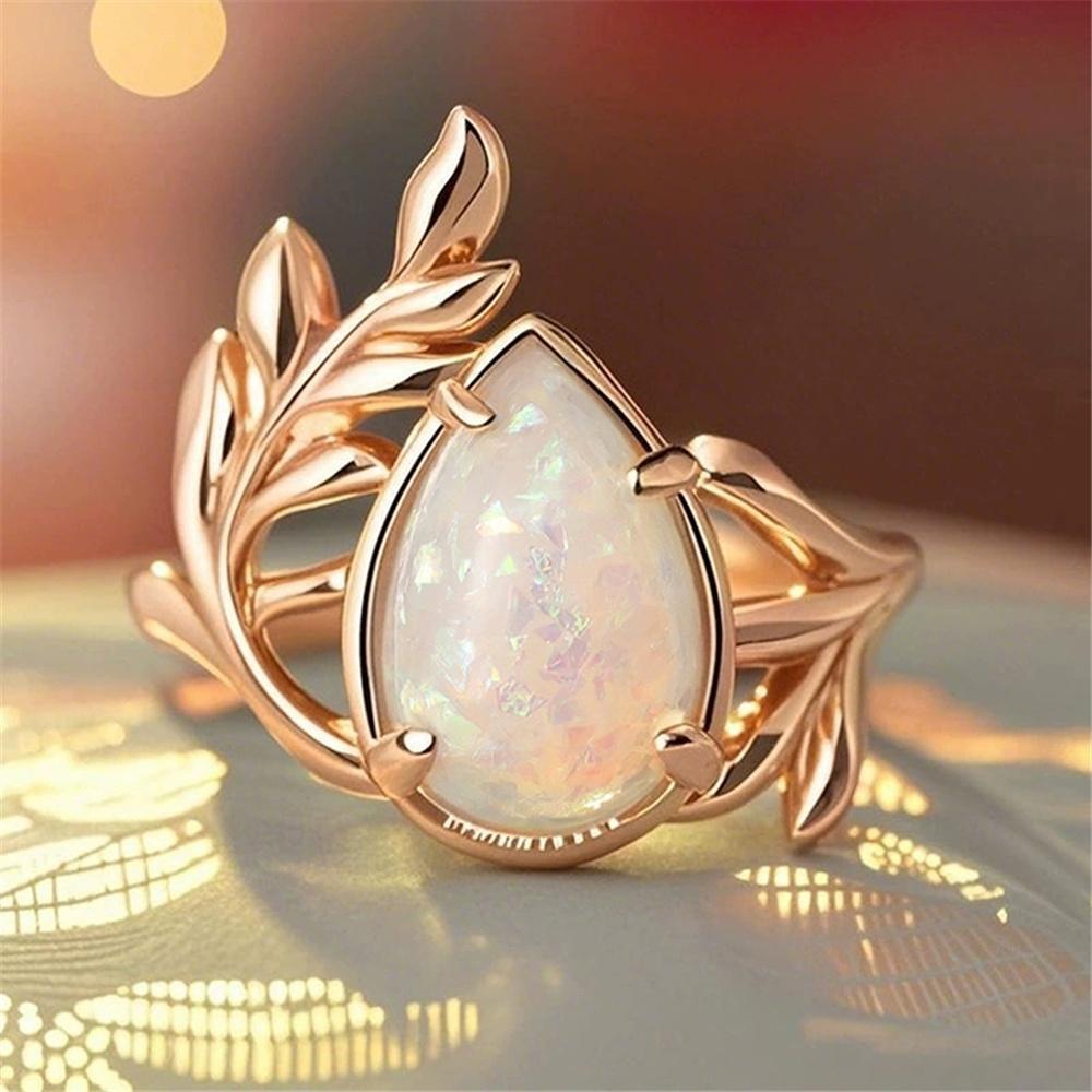 

Cute White Fire Opal Stone Water Drop Rings For Women Gold Color Engagement Wedding Jewelry 10