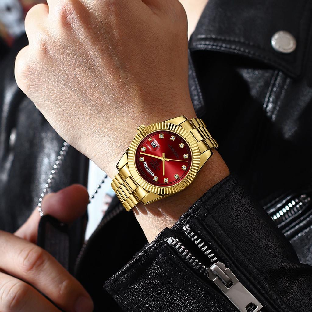 Moderne Herrenuhr mit Diamanten besetzt, Zifferblatt mit Sonnenschliff, Armband aus massivem Stahl, Quarzwerk