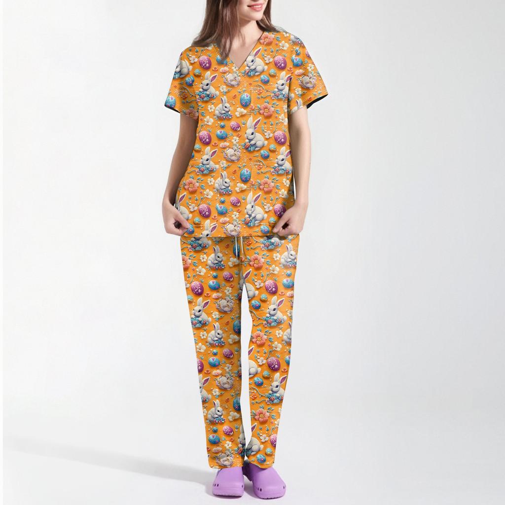 Women's Printed Uniform Work Uniform V-Neck Pocket Protective Work Uniform
