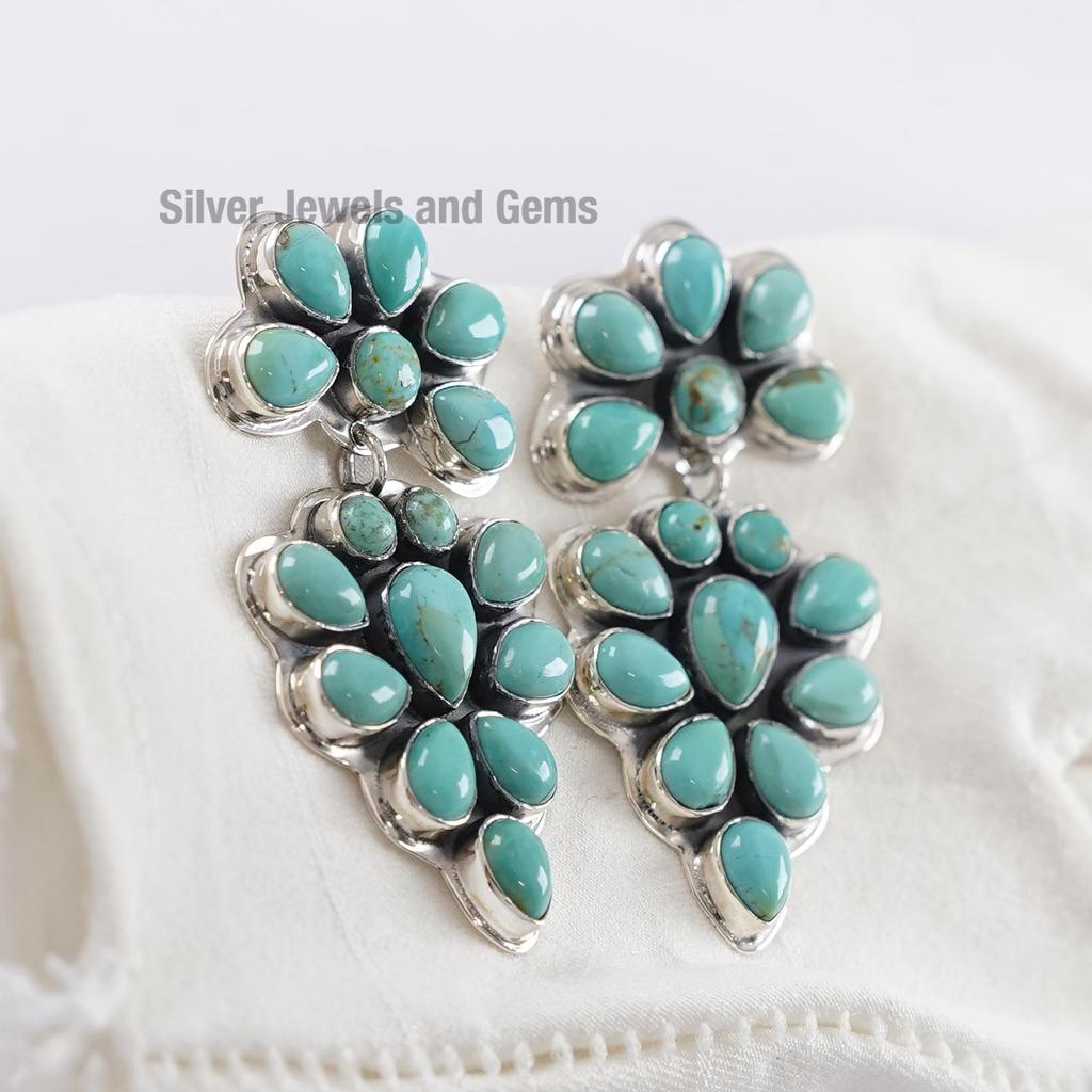 Natural Turquoise Stud Earrings, Long Earrings, 925 Sterling Silver Earrings, Birthday Earring, Multi Stone Earring