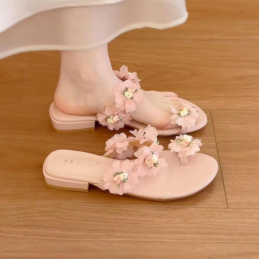 

French flower toe slippers summer fashion outer slippers women s 2025 new low-heeled gentle niche cool slippers 42 рожевий