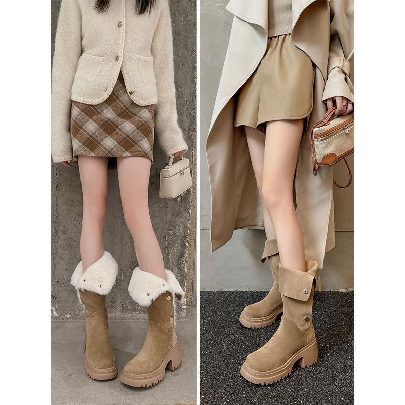 Long Boots Women's 2025 New Retro Thick Heel Versatile Heightening Platform Boots Elastic Stacking Boots