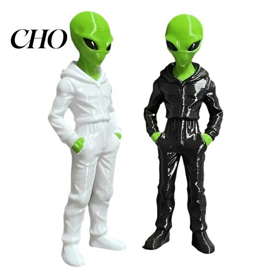 Statua di Figura Alieno con Cappuccio che Indossa Felpa con Cappuccio, Statuetta Verde Stampata in 3D, Scultura da Collezione, Decorazione Desktop Sci-Fi Regalo per Appassionati E-sport