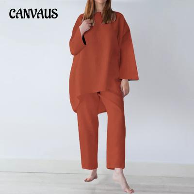 Spring and Autumn Women's Long Sleeve Top Long Pants Set Plus Size Loose Fashion Casual Solid Colour Cotton Linen Tops Pant Set