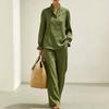 New European and American Women's Stand Collar, Half-breasted Ruffled Bubble Long Sleeve, High-waisted Drape Wide-leg Pants Set