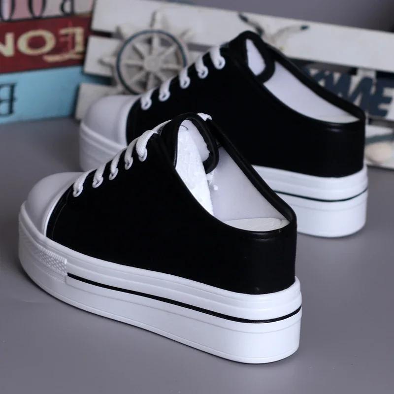 Fashion Spring Summer Women Slipper Pumps Canvas Shoes Internal-increase 8cm High Heels Solid Casual Student Outside Female Slippers
