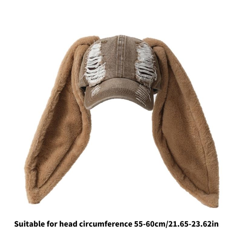 Long Rabbit Ears Adjustable Snapbacks Cap for Women Teens Winter Autumn Distressed Dad Hat Daily Fashion Accessories