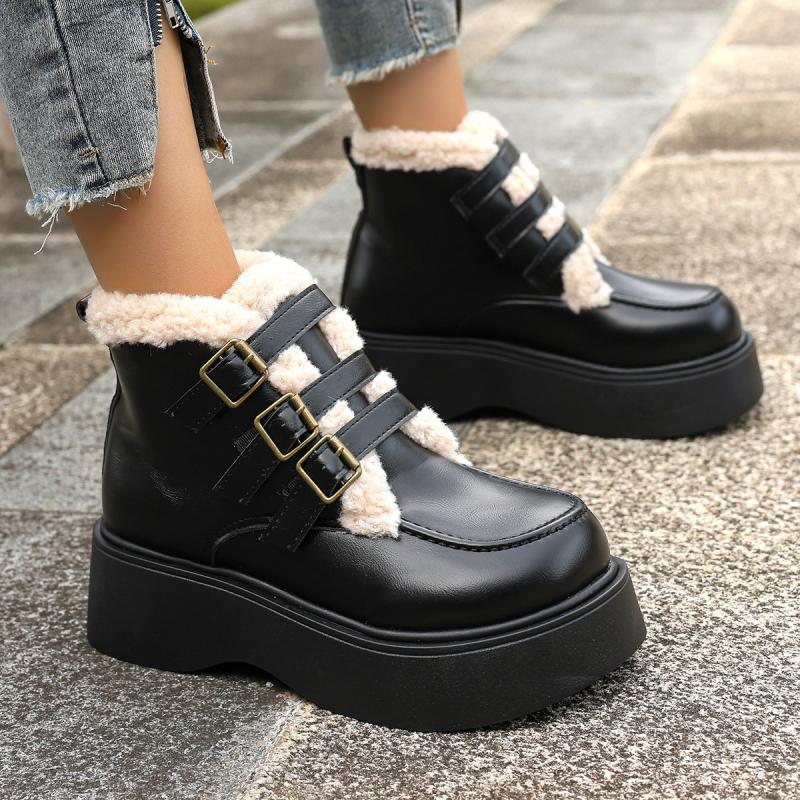 Fashion Belt Buckle Decoration Fur Cute Snow Boots Women 2025 Winter Soft Non Slip Thick Bottom Ankle Boots Warm Short Plush Booties