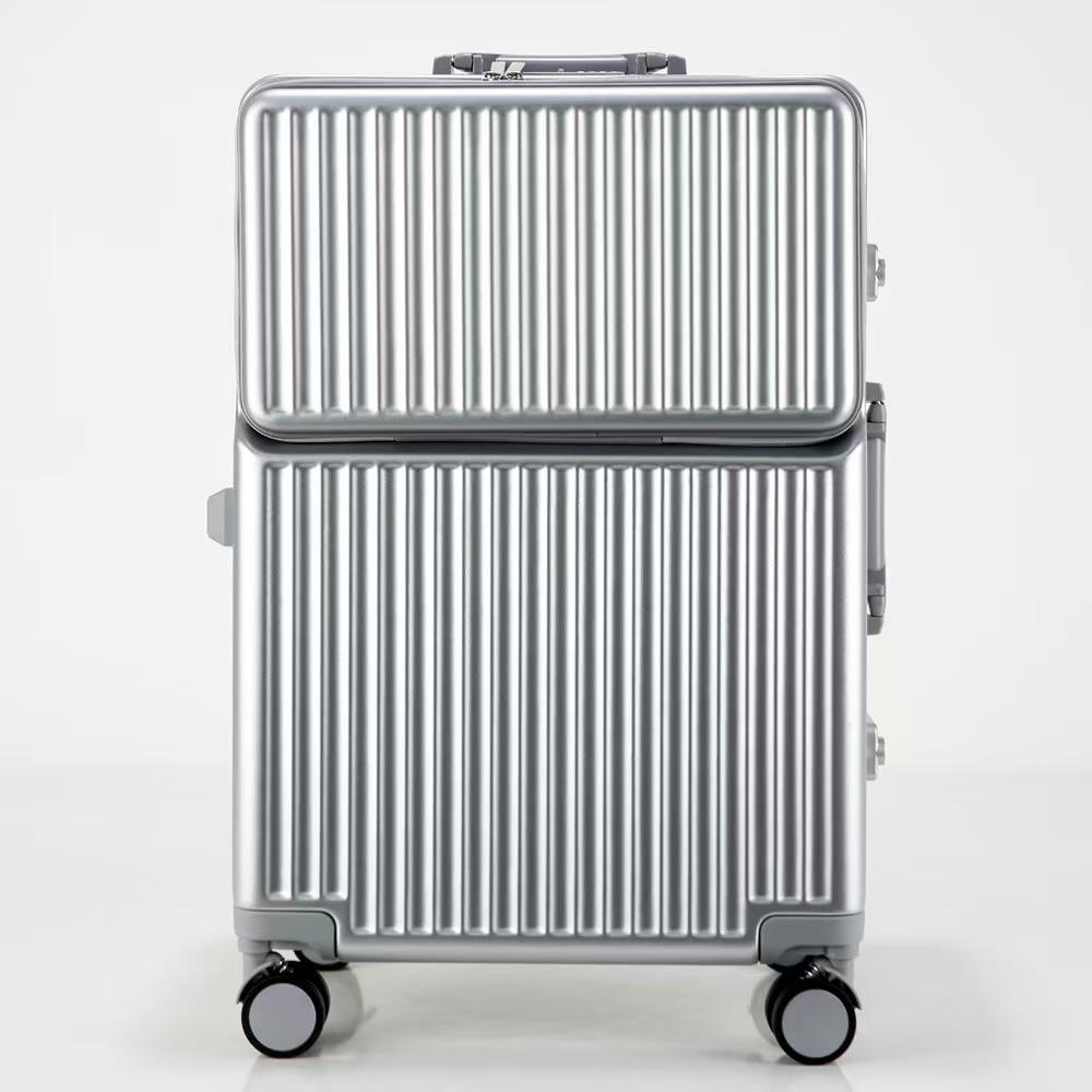 Universal Aluminum Frame Trolley Suitcase with Front Opening and Large Capacity for Women and Men