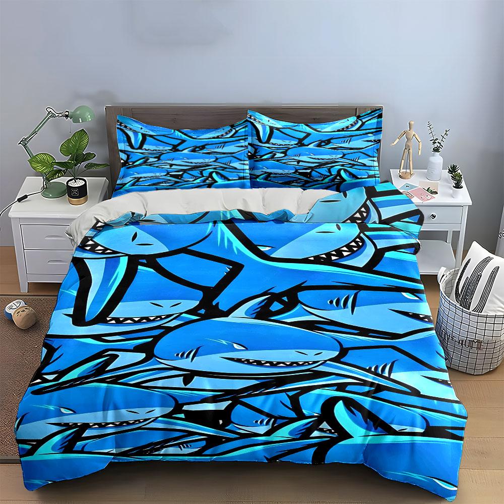 Blue-patterned Sharks Design. Bedding Sets Duvet Cover Sets Duvet Covers Pillowcases(1 * Duvet Cover 2 * Pillowcases Without Duvet Insert)