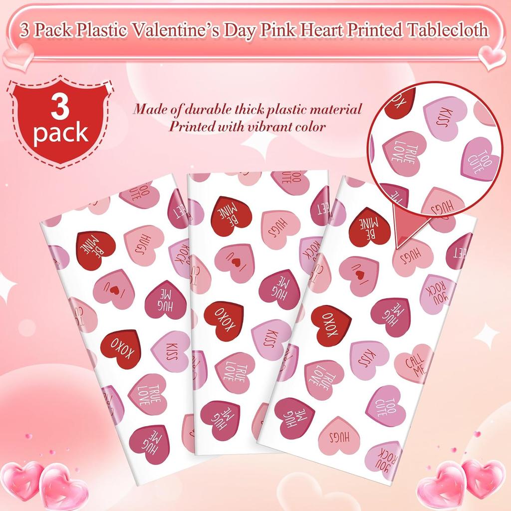 3 Pcs Valentines Day Tablecloth, Pink Love Heart Plastic Table Cover, Valentines Disposable Rectangle Table Cloth for Valentine’s Day Wedding