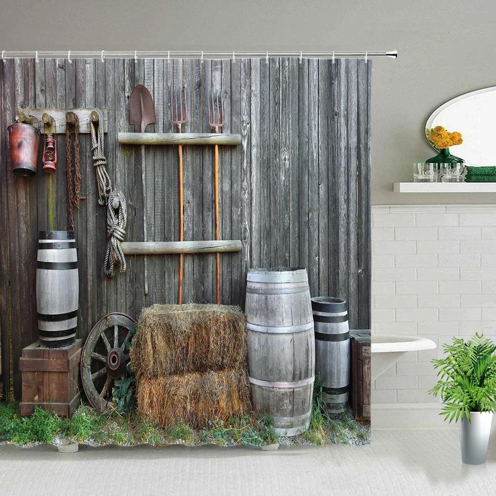 Retro Wood Doors Shower Curtain Set Rustic Old Vintage Barn Door Fabric Bathroom Curtains Farmhouse Bath Decor Bath Screens Hook