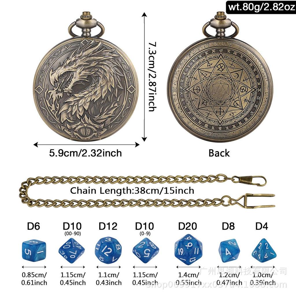 Extra-Large Retro Dragon Fire Pocket Watch Case with DND RPG Dice for Board Games